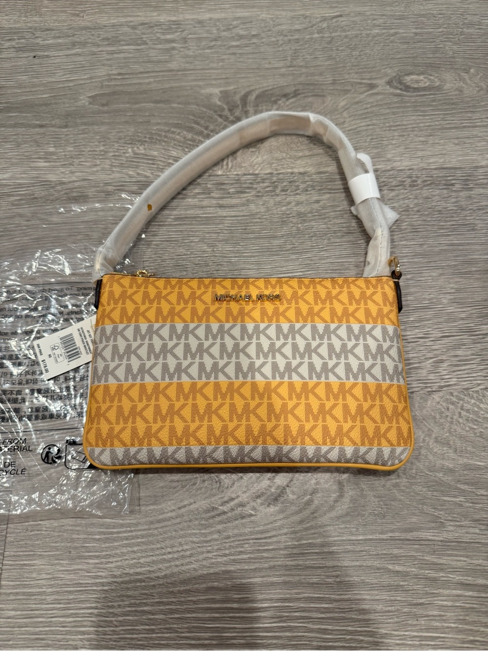 Michael Kors Yellow and Cream MK Logo Stripe Shoulder Bag